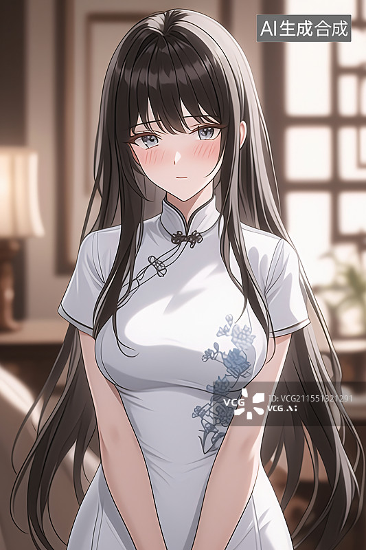 【AI数字艺术】插画中身着旗袍的美女站在中式现代装修的室内，融合优雅、文化与精致，适合作为小说或图书封面设计图片素材