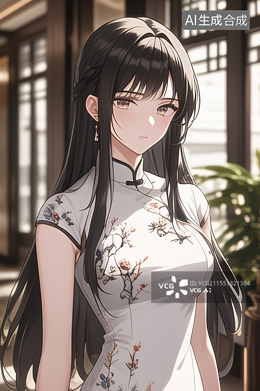 【AI数字艺术】插画中身着旗袍的美女站在中式现代装修的室内，融合优雅、文化与精致，适合作为小说或图书封面设计图片素材