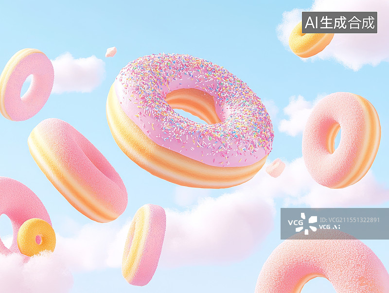 【AI数字艺术】飞在天空中的甜甜圈，甜蜜节日背景图片素材
