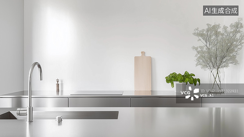 【AI数字艺术】不锈钢质感厨房设计图片素材