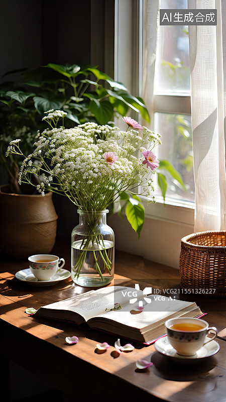 【AI数字艺术】窗前书桌上，摊开的书本和茶杯图片素材