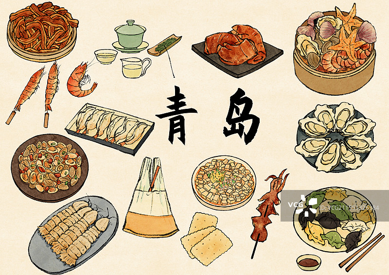 山东青岛美食国风插画图片素材