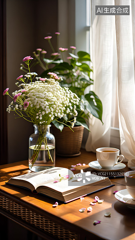【AI数字艺术】窗前书桌上，摊开的书本和茶杯图片素材