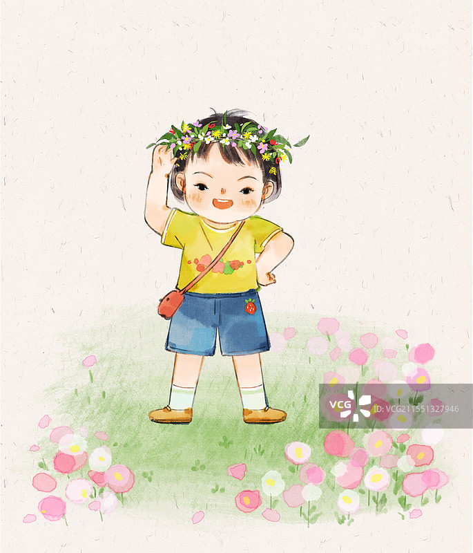 春天草地上戴花环的儿童水彩插画图片素材