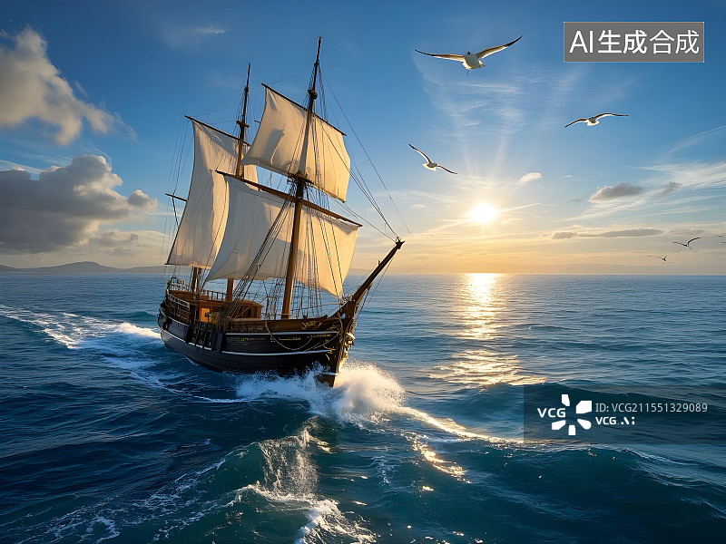 【AI数字艺术】一帆风顺扬帆远航的海上帆船图片素材
