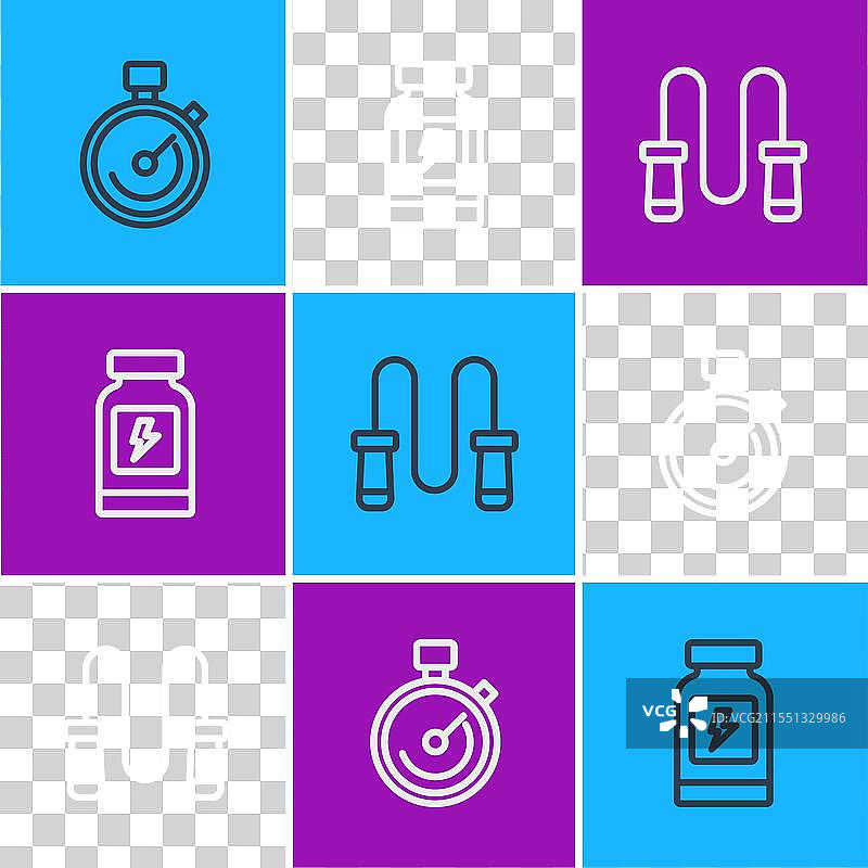 计时器、跳绳和能量饮料图标图片素材