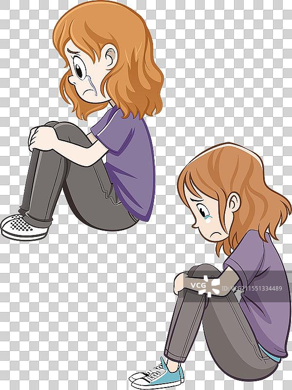 伤心的女孩坐着哭泣，抱着膝盖。图片素材