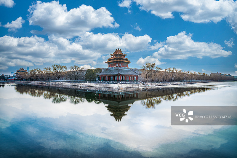 蓝天白云下的故宫角楼及水中倒影图片素材
