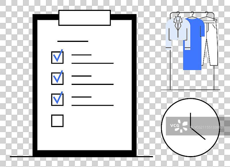 带有衣物的挂衣架和时钟的清单图片素材