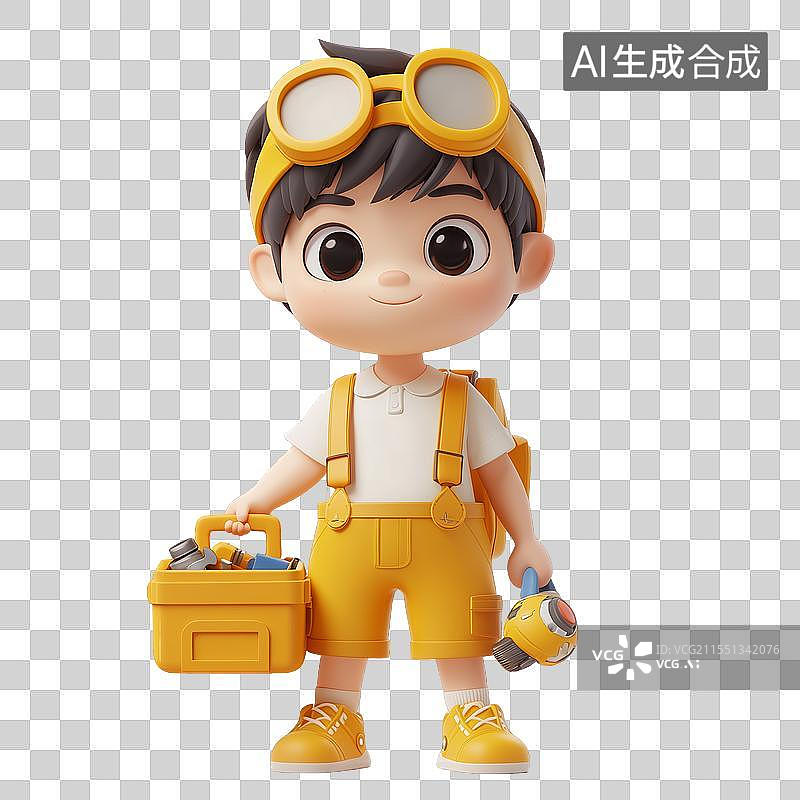 【AI数字艺术】三维黄短裤男孩拿着工具箱图片素材