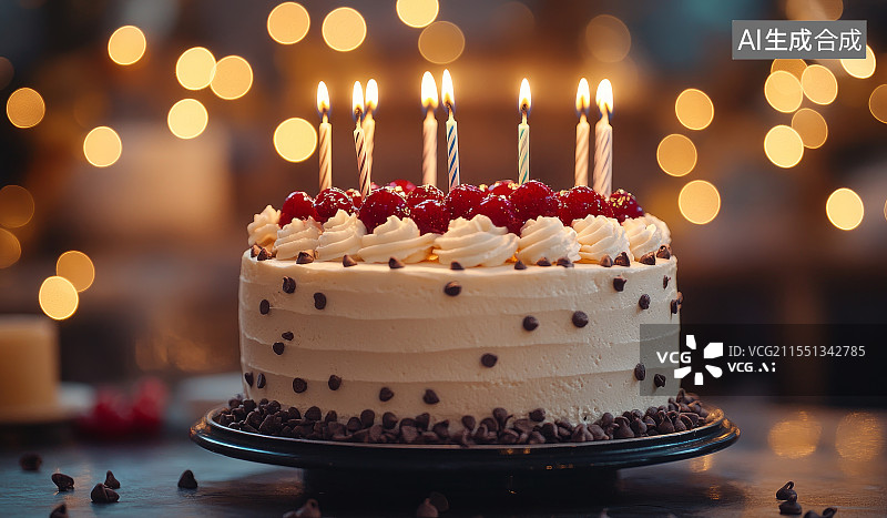 【AI数字艺术】插有蜡烛的装饰生日蛋糕图片素材