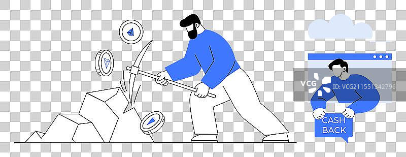 一个男人在挖掘加密货币，另一个男人在旁边。图片素材