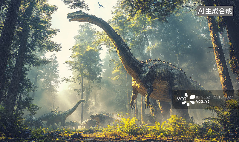 【AI数字艺术】森林中恐龙群活动场景图片素材