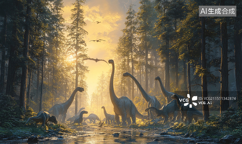 【AI数字艺术】森林中恐龙群活动场景图片素材