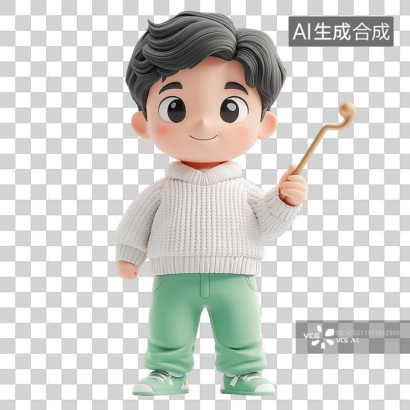 【AI数字艺术】三维绿裤子男孩拿魔法杖图片素材