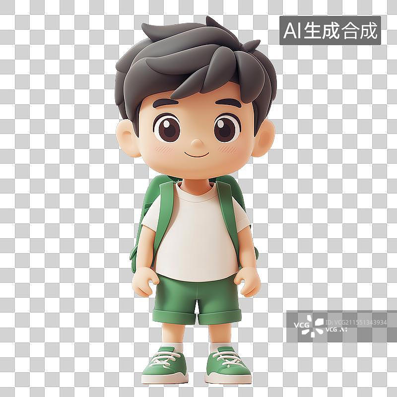 【AI数字艺术】三维绿短裤男孩背着双肩包图片素材