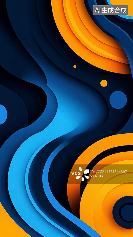 【AI数字艺术】蓝色曲线与橙色圆环图片素材