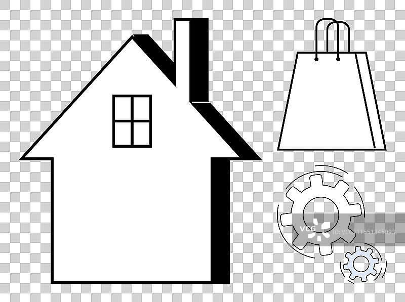 房屋轮廓与购物袋和齿轮图片素材