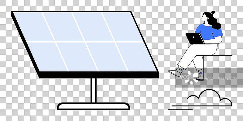 女性在大型太阳能板旁使用笔记本电脑图片素材