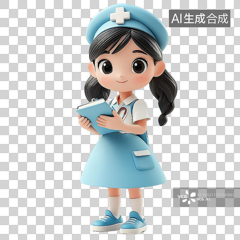 【AI数字艺术】三维蓝裙子女孩扮演小护士图片素材