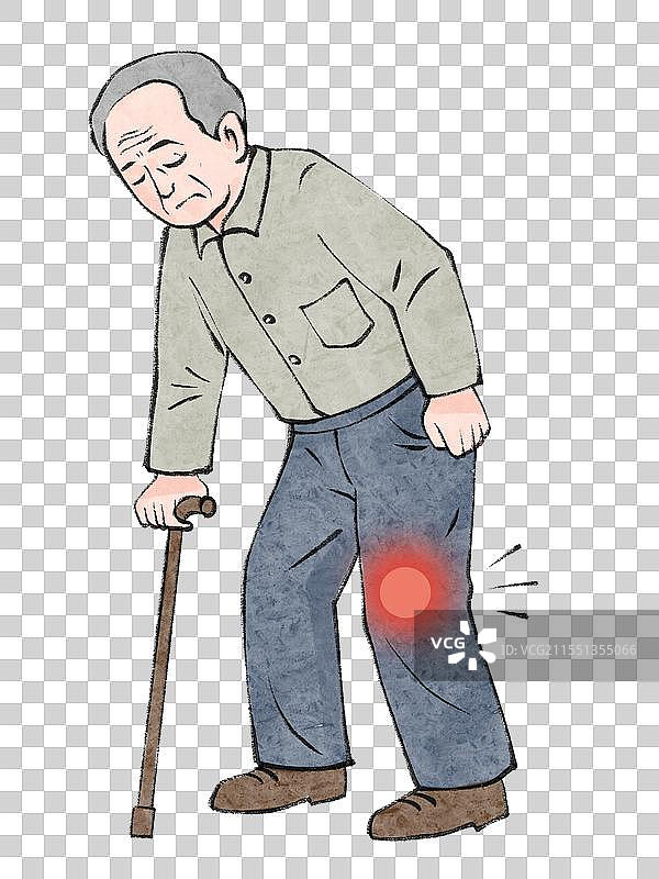 老年人膝关节疼痛骨关节炎老年病手绘卡通插画免扣元素图片素材