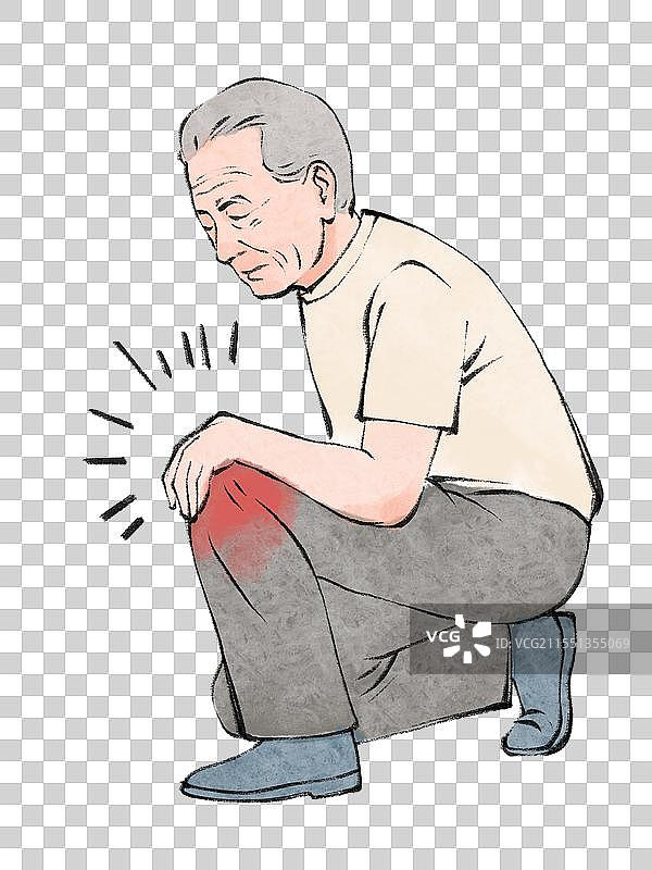 老年人膝关节疼痛骨关节炎老年病手绘卡通插画免扣元素图片素材