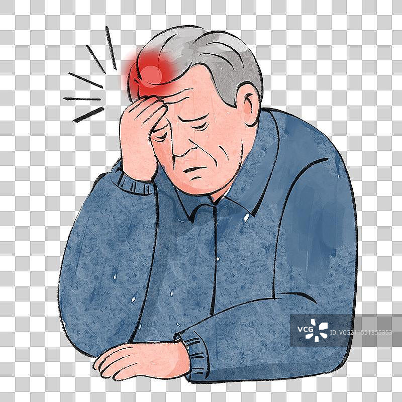 老年人头痛偏头痛生病发烧老年病手绘卡通插画免扣元素图片素材