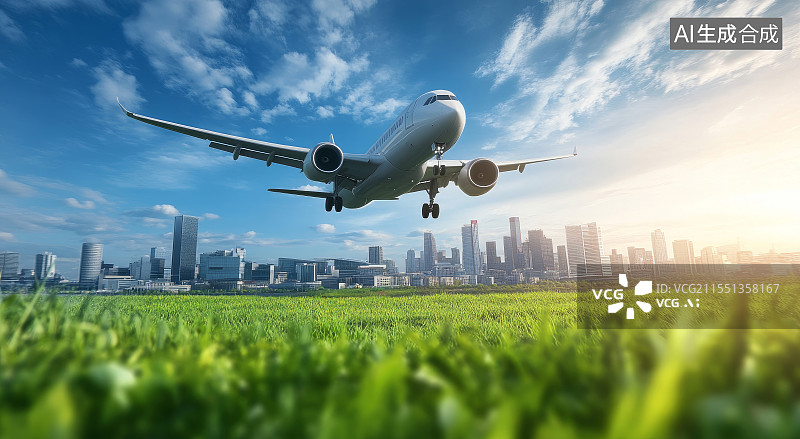 【AI数字艺术】飞机低空飞过城市与绿地图片素材