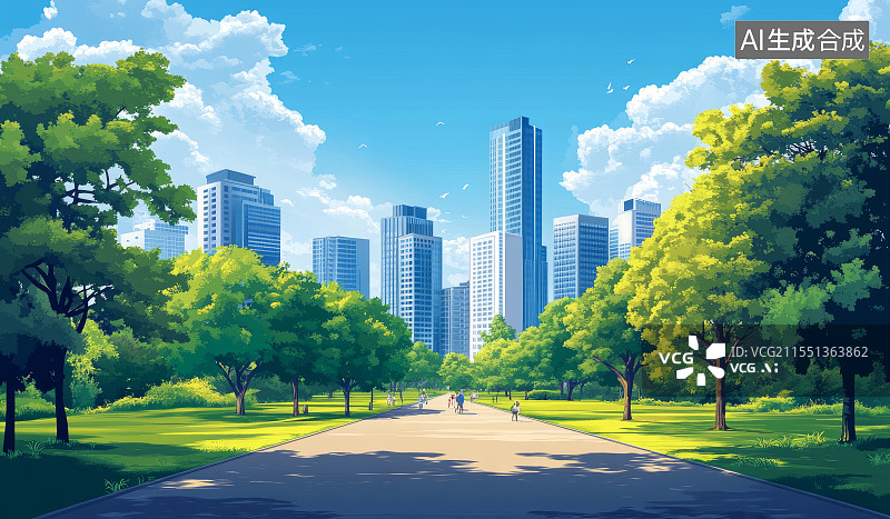 【AI数字艺术】卡通城市公园绿树与高楼景观插画图片素材