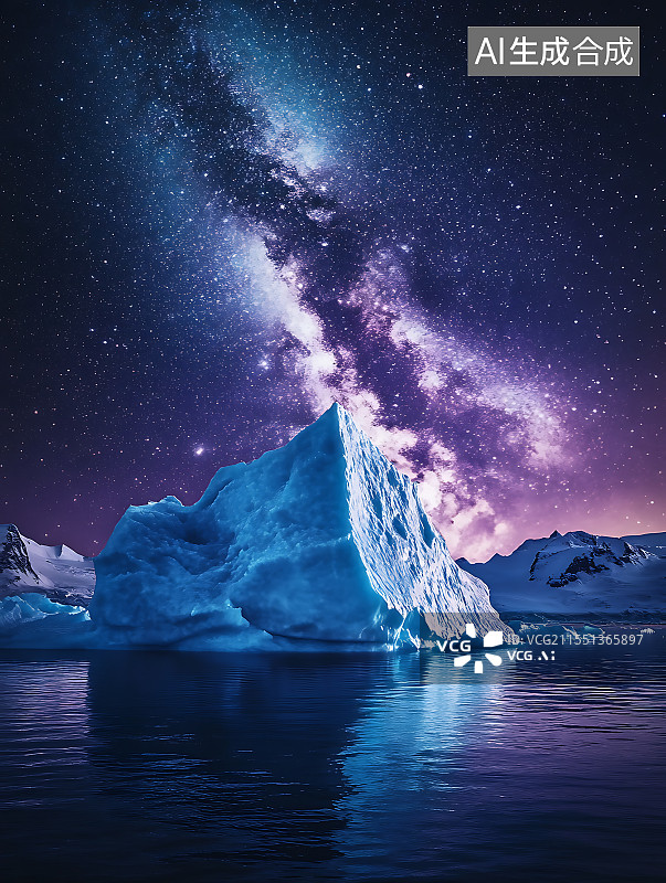 【AI数字艺术】银河星空下的北极冰山和浮冰图片素材