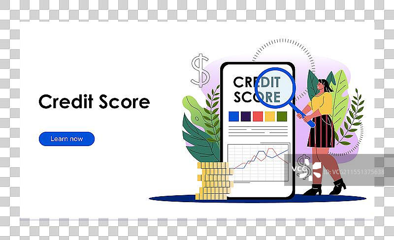 使用放大镜的女性信用评分着陆页图片素材