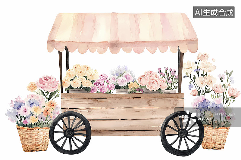 【AI数字艺术】手绘清新春天花店小花车鲜花场景图片素材