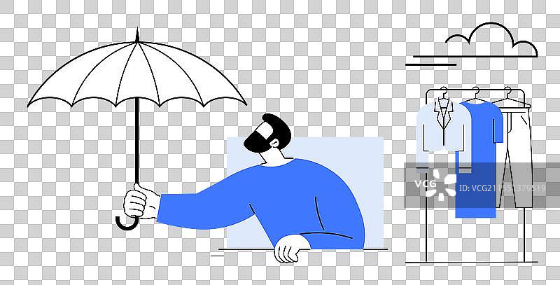 男人手持雨伞，凝视着悬挂物。图片素材