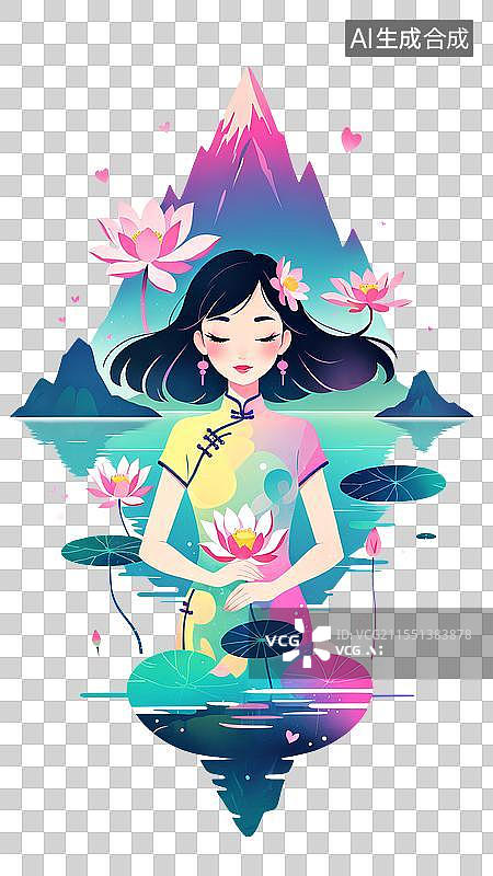 【AI数字艺术】创意时尚插画  高山 湖 荷花 时尚的旗袍女人图片素材