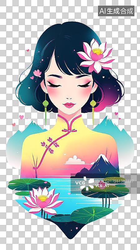 【AI数字艺术】创意时尚插画   湖 荷花 时尚的旗袍女人图片素材