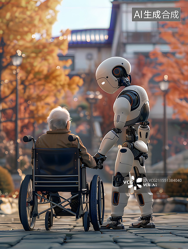 【AI数字艺术】一个人形机器人陪护坐在轮骑上的老人图片素材