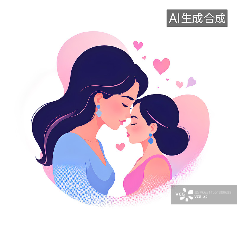 【AI数字艺术】母亲节插画 妈妈和女儿面对面碰额头图片素材