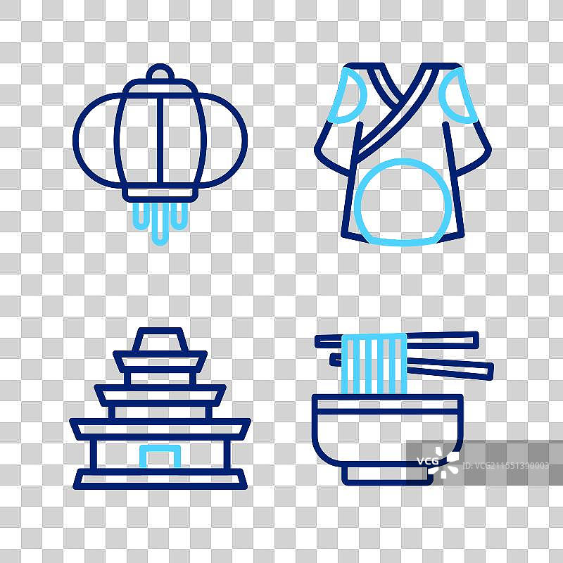 设置线条拉面、韩国寺庙、和服和灯笼图片素材