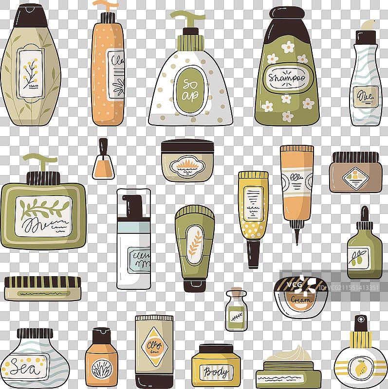 化妆品瓶、护肤品、头发和身体护理用品图片素材