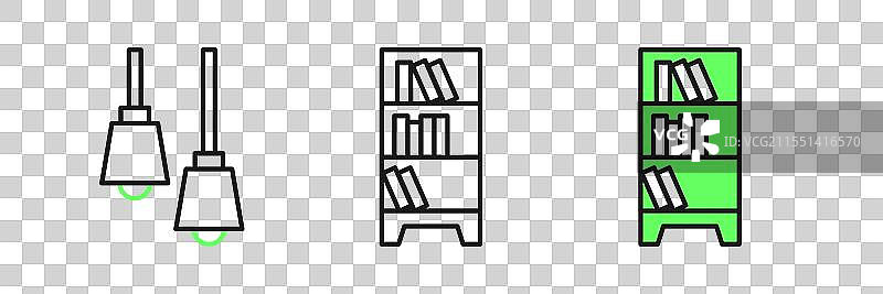 一组线条图书馆书架图标，独立于白色背景图片素材