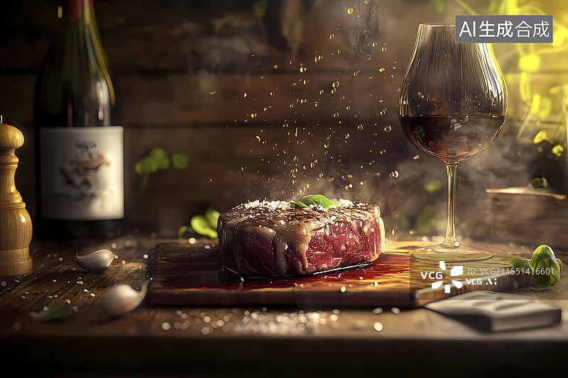 【AI数字艺术】浪漫西餐牛排红酒特写图片素材