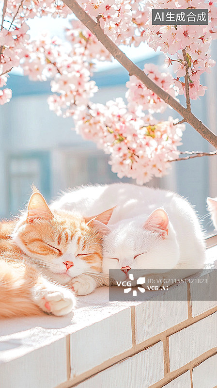 【AI数字艺术】阳光下窗边小憩的猫咪与樱花图片素材