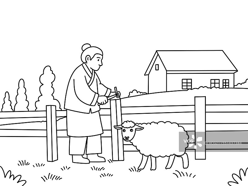 亡羊补牢-历史典故成语故事卡通漫画插图线稿图片素材