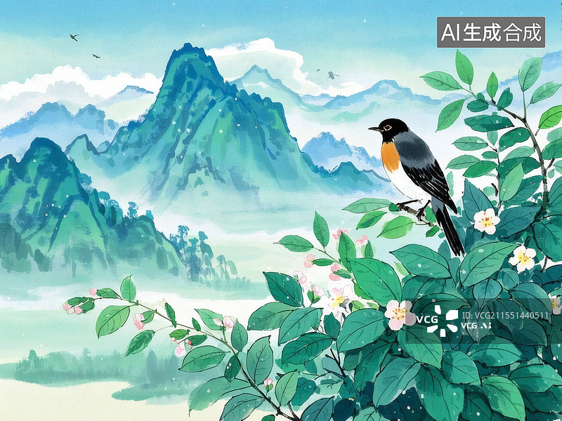 【AI数字艺术】山间鸟鸣春景图图片素材