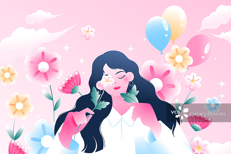 卡通妇女节女神节女孩少女花卉鲜花送花礼物电商消费促销优惠网购活动娱乐休闲生活方式渐变矢量插画图片素材