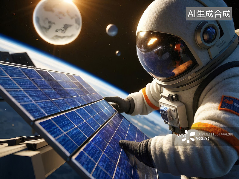 【AI数字艺术】宇航员在太空维护太阳能板图片素材