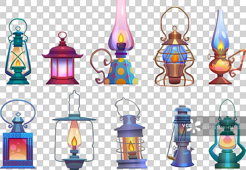 旧油灯气体或煤油露营灯具套装图片素材