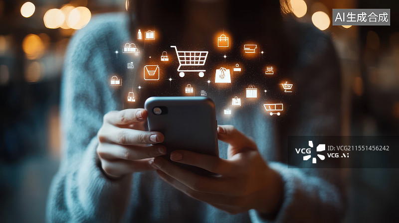 【AI数字艺术】一个女性正在使用映射购物车图标的智能手机，网上购物概念图片素材