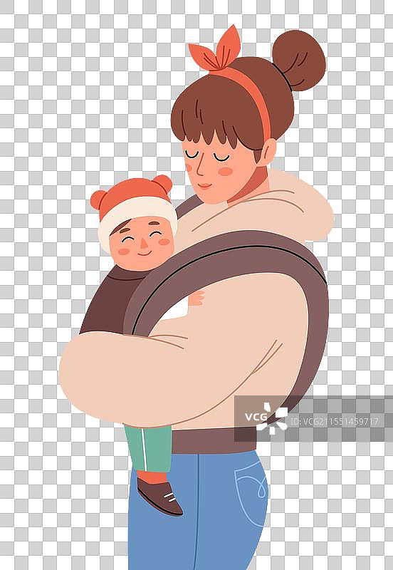 年轻母亲用背带抱着她的婴儿图片素材