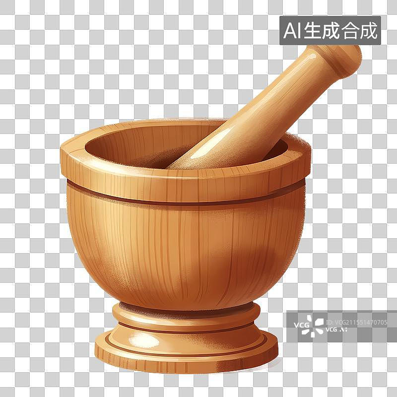 【AI数字艺术】国风手绘插画，研钵，木制研磨器，捣药罐，臼和杵。中医中药免抠元素图片素材